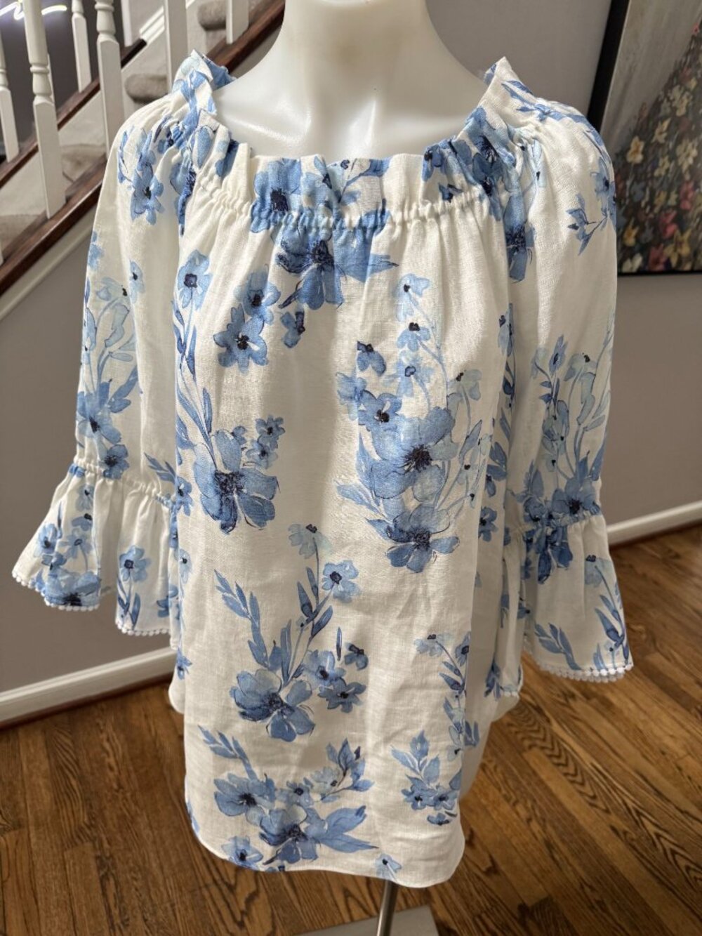 SARA CAMPBELL 100% Linen Floral Off Shoulder Mini Dress Blue White Medium